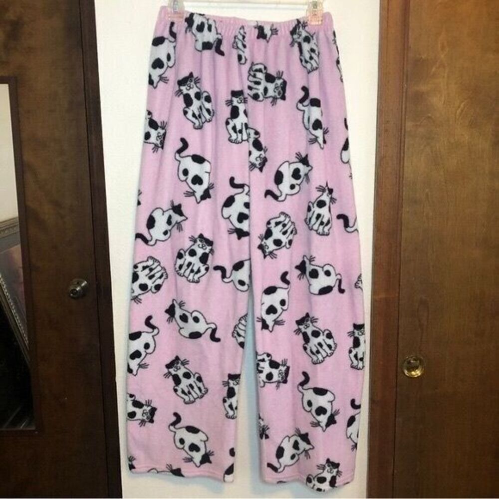 Character Youth Girls Medium Fluffy Fleece Pink Black White Cats Pajama‎ Bottoms
